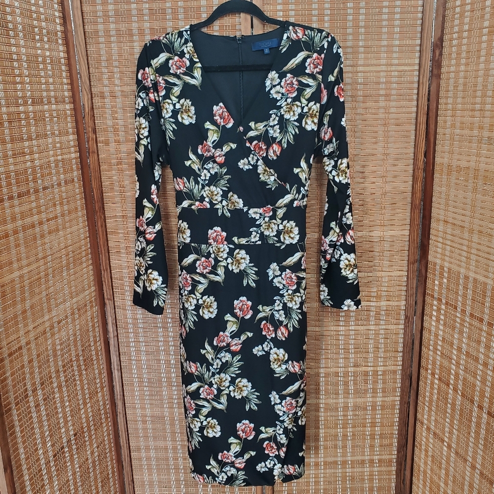 ♡ RACHEL Rachel Roy Long Sleeve Floral Midi Dress Size 1X Black Green Pink